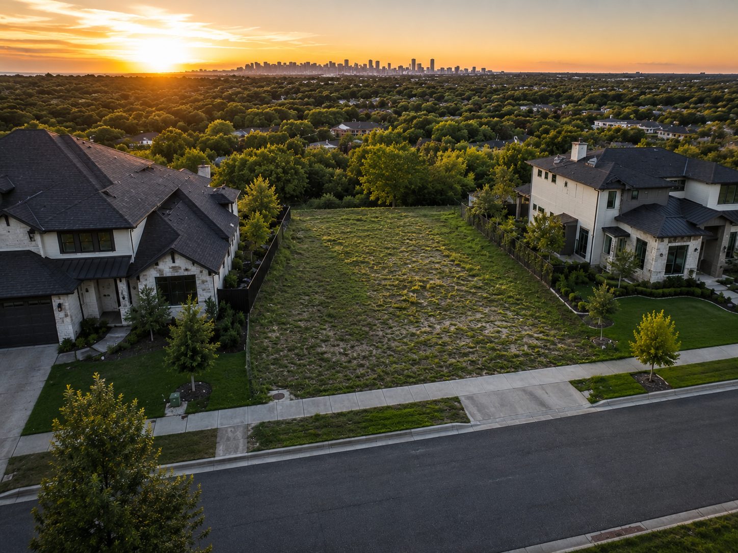 Aerial view of a vacant residential lot between new homes at sunset